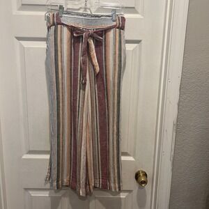 Anthro Ban Jara Linen Blend Striped Wide Leg Cropped Pants M Boho Belted Pocket